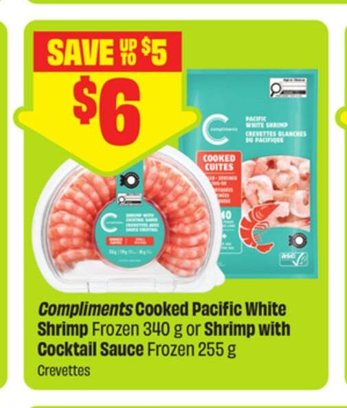 Compliments Cooked Pacific White Shrimp Frozen 340 g or Shrimp with Cocktail Sauce Frozen 255 g
