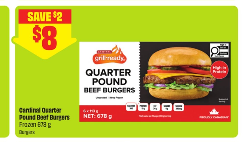 Cardinal Quarter Pound Beef Burgers Frozen 678 g