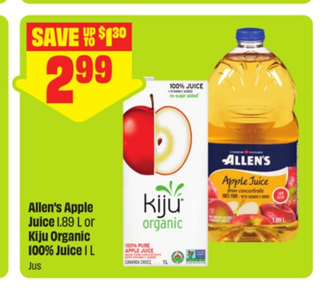 Allen's Apple Juice 1.89 L or Kiju Organic 100% Juice 1 L