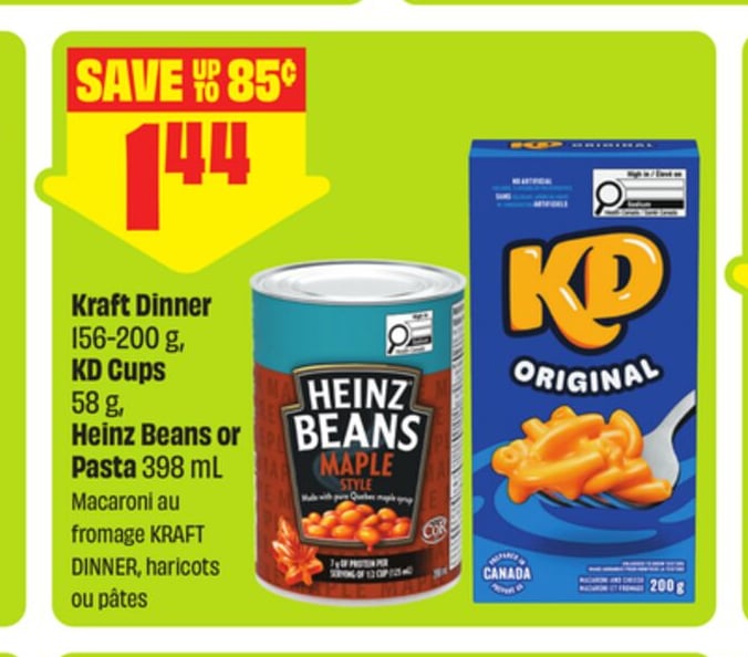 Kraft Dinner 156-200 g, KD Cups 58 g, Heinz Beans or Pasta 398 mL