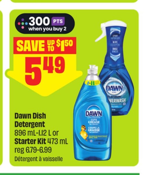 Dawn Dish Detergent 896 mL-1.1/2 L or Starter Kit 473 mL