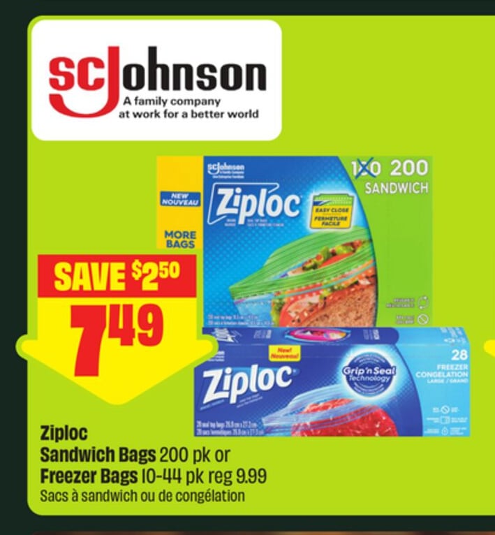 Ziploc Sandwich Bags 200 pk or Freezer Bags 10-44 pk