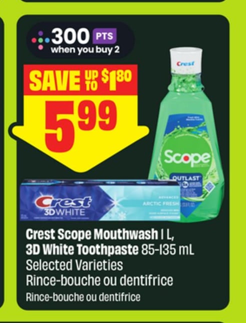 Crest Scope Mouthwash 1 L, 3D White Toothpaste 85-135 mL