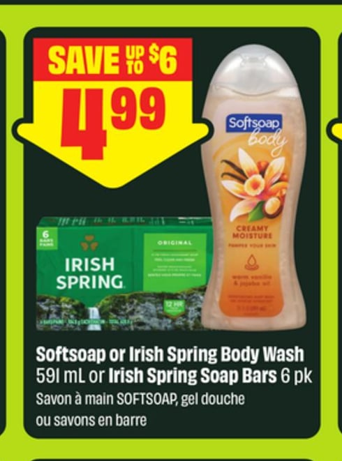 Softsoap or Irish Spring Body Wash 591 mL or Irish Spring Soap Bars 6 pk