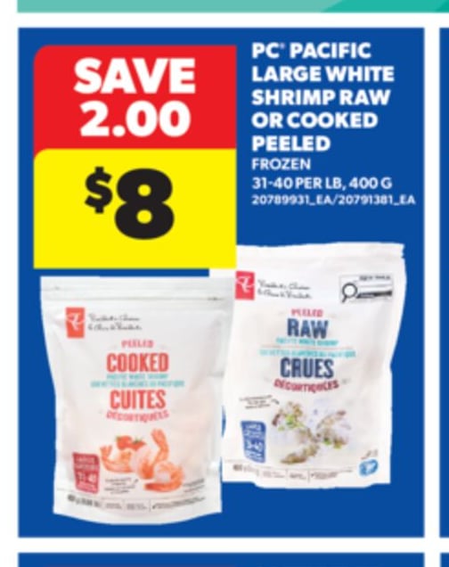 PC® PACIFIC LARGE WHITE SHRIMP RAW OR COOKED PEELED, 400 G