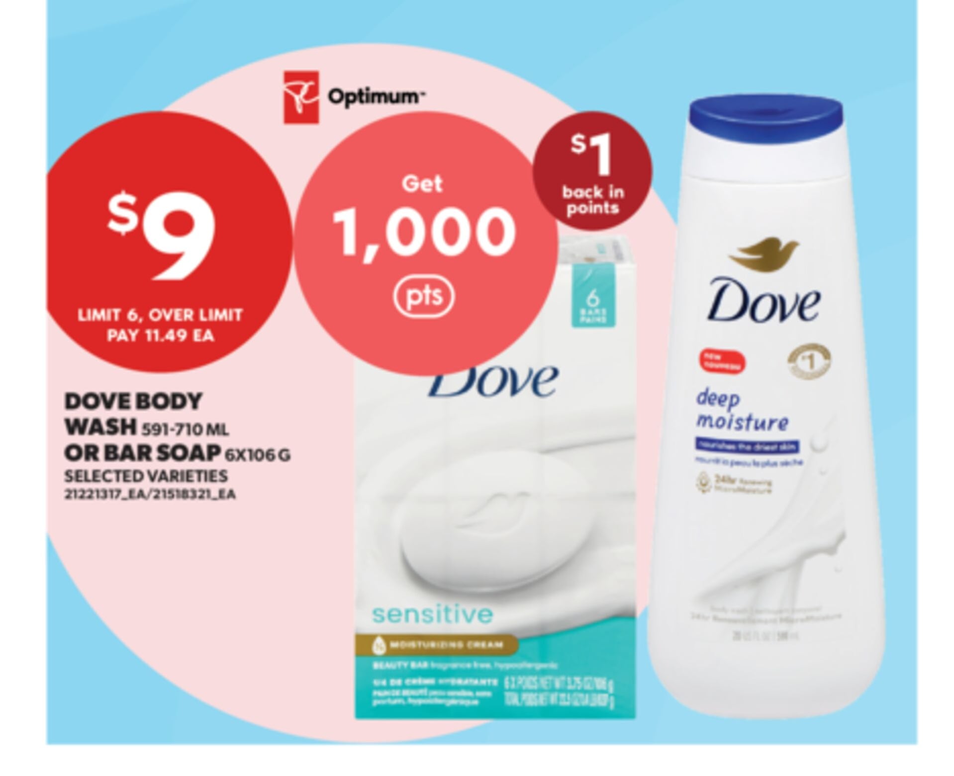 DOVE BODY WASH 591-710 ML OR BAR SOAP 6 X 106 G