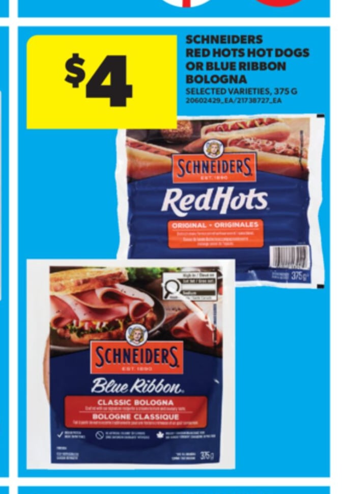 SCHNEIDERS RED HOTS HOT DOGS OR BLUE RIBBON BOLOGNA, 375 G