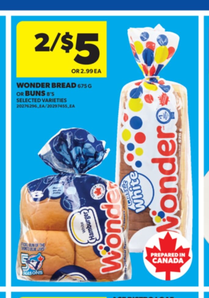 WONDER BREAD, 675 G OR BUNS, 8'S