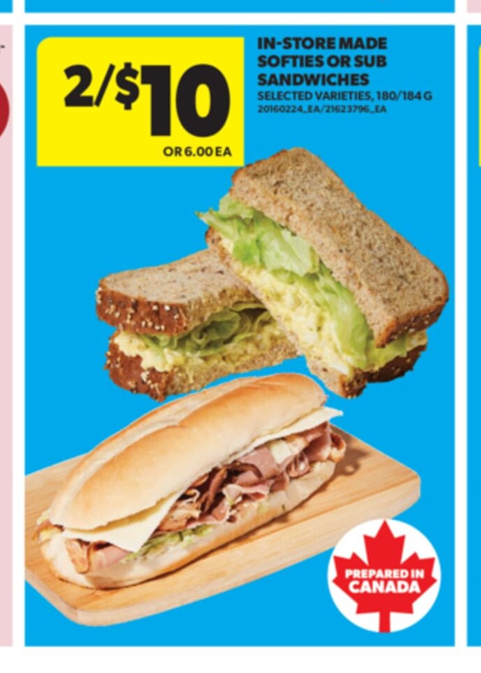 IN-STORE MADE SOFTIES OR SUB SANDWICHES, 180/184 G