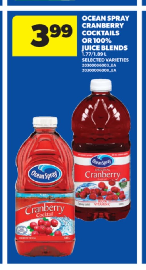 OCEAN SPRAY CRANBERRY COCKTAILS OR 100% JUICE BLENDS, 1.77/1.89 L
