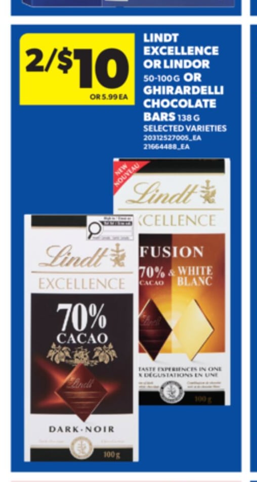 LINDT EXCELLENCE OR LINDOR, 50-100 G OR GHIRARDELLI CHOCOLATE BARS, 138 G