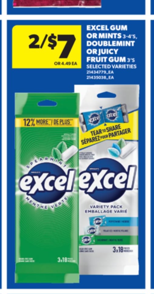 EXCEL GUM OR MINTS, 3-4'S, DOUBLEMINT OR JUICY POCKET, 5'S