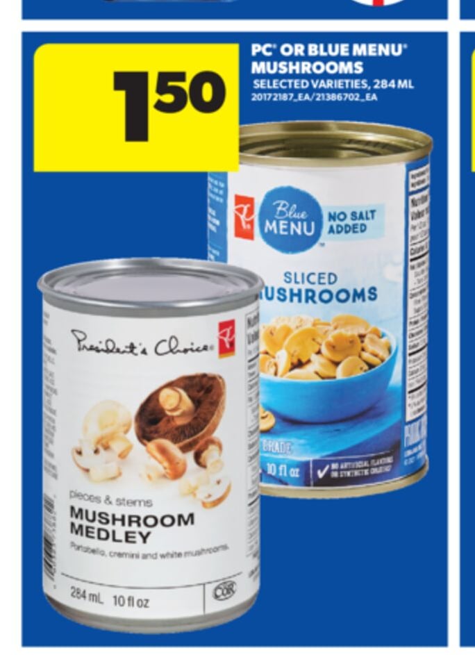 PC® OR BLUE MENU® MUSHROOMS, 284 ML