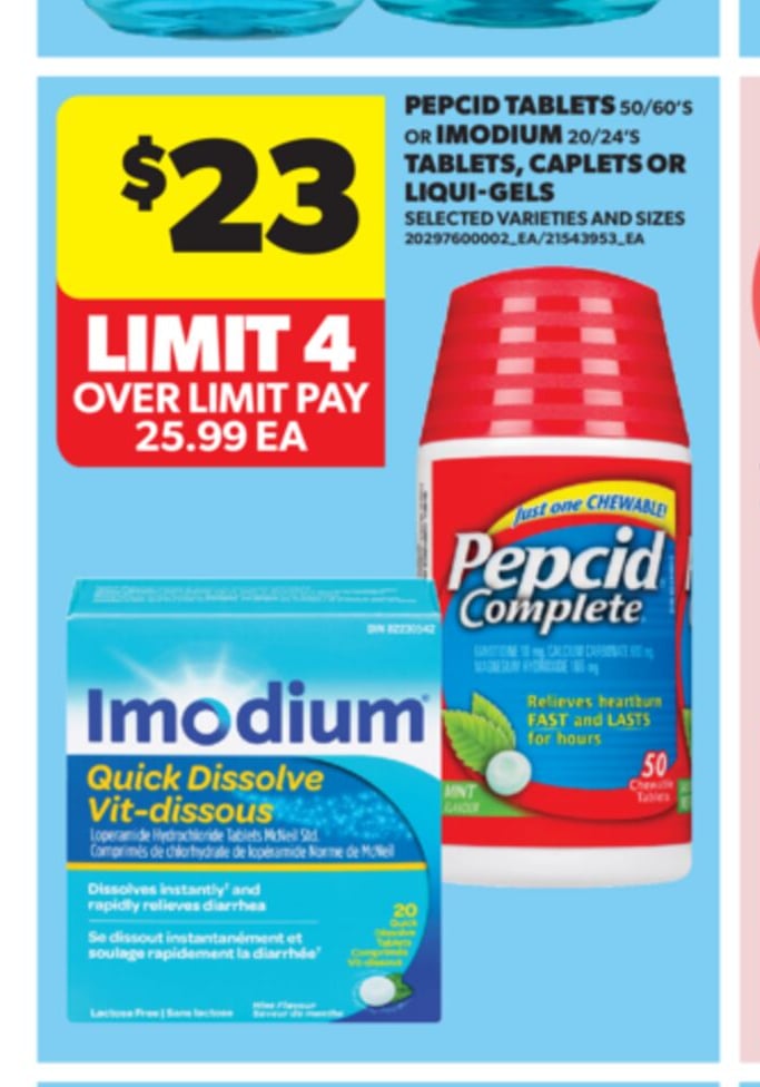 PEPCID TABLETS 50/60'S OR IMODUIM 20/24'S TABLETS, CAPLETS OR LIQUI-GELS