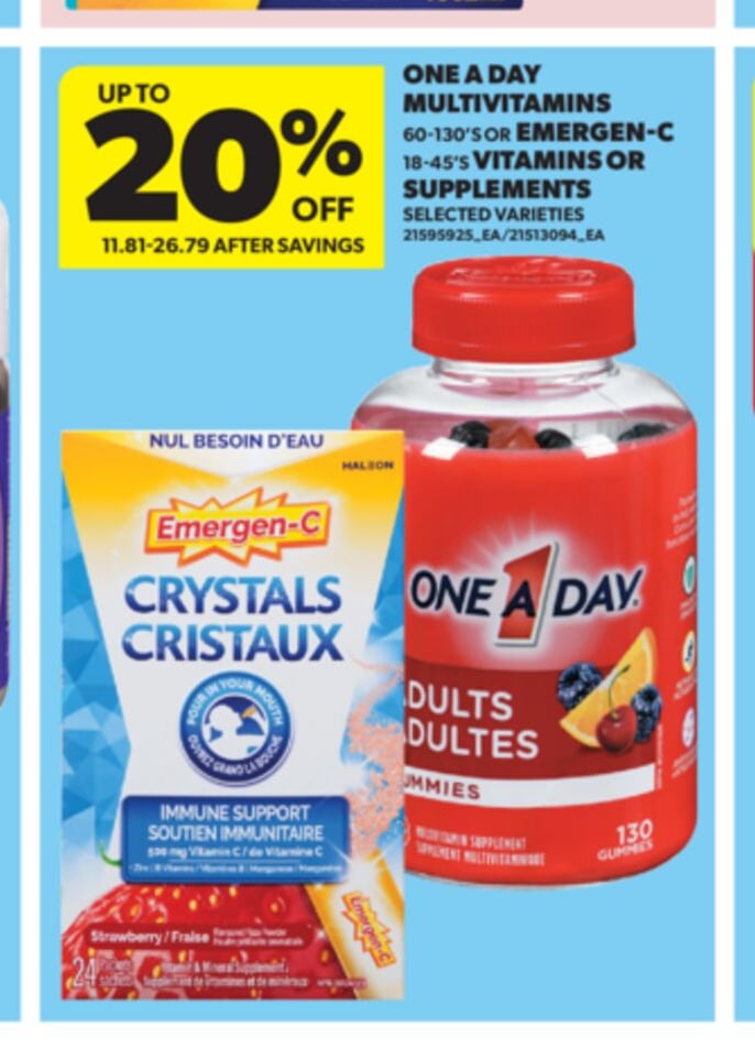 ONE A DAY MULTIVITAMINS, 60-130'S OR EMERGEN-C, 18-45'S VITAMINS OR SUPPLEMENTS