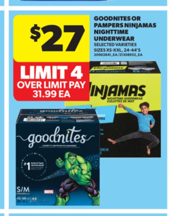 GOODNITES OR PAMPERS NINJAMAS NIGHTTIME UNDERWEAR, SIZES XS-XXL, 24-44'S