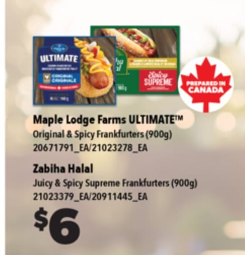 MAPLE LODGE FARMS ULTIMATE™M ORIGINAL & SPICY FRANKFURTERS,(900G) ZABIHA HALAL JUICY & SPICY SUPREME FRANKFURTERS, (900G)