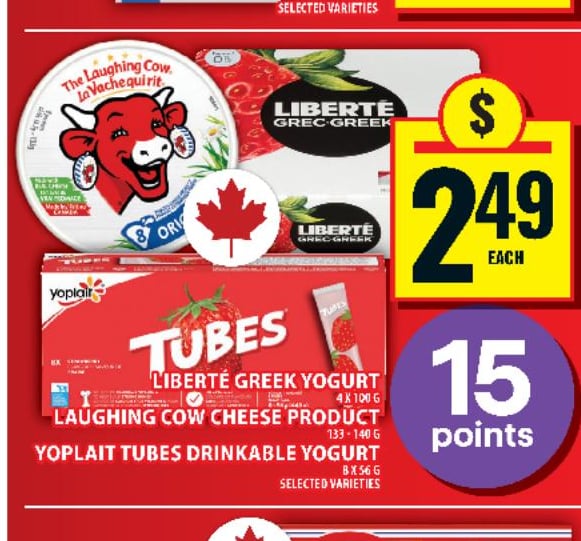 Liberté Greek Yogurt or Laughing Cow Cheese or Yoplait Tubes Drinkable Yogurt