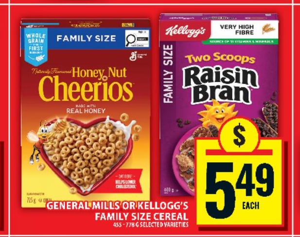 General Mills or Kellogg's Family Size Cereal