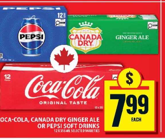 Coca-Cola, Canada Dry Ginger Ale or Pepsi Soft Drinks
