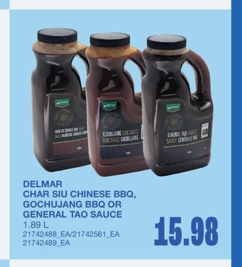 DELMAR CHAR SIU CHINESE BBQ, GOCHUJANG BBQ OR GENERAL TAO SAUCE, 1.89 L