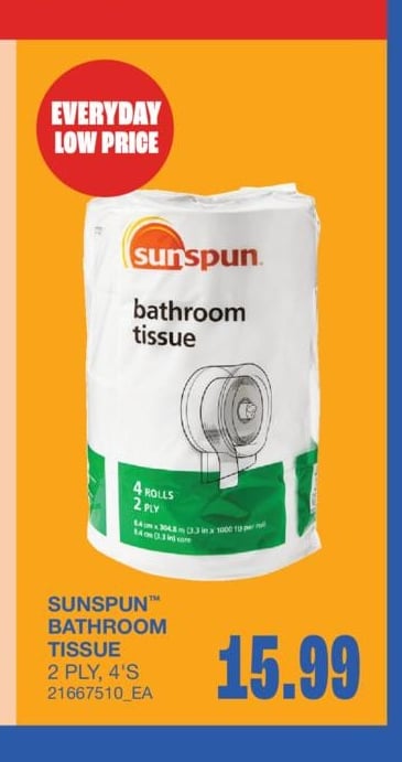 SUNSPUN™ BATHROOM TISSUE, 2 PLY, 4'S