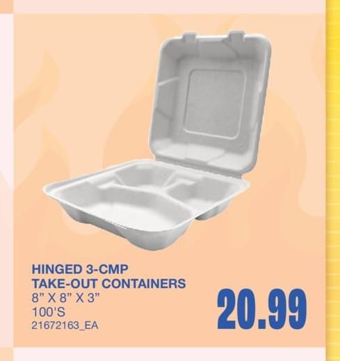 HINGED 3-CMP TAKE-OUT CONTAINERS, 8" X 8" X 3" 100'S