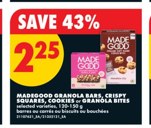 MADEGOOD GRANOLA BARS, CRISPY SQUARES, COOKIES OR GRANOLA BITES, 120-150 G