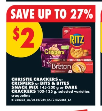 CHRISTIE CRACKERS OR CRISPERS OR BITS & BITES SNACK MIX 145-200 G OR DARE CRACKERS 100-125 G
