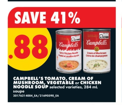 CAMPBELL'S TOMATO, CREAM OF MUSHROOM, VEGETABLE or CHICKEN NOODLE SOUP, 284 ML
