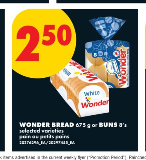 WONDER BREAD, 675 G OR BUNS, 8'S