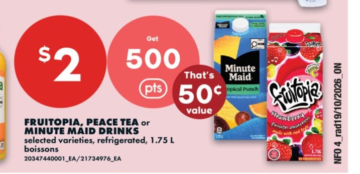 FRUITOPIA, PEACE TEA OR MINUTE MAID DRINKS, 1.75 L