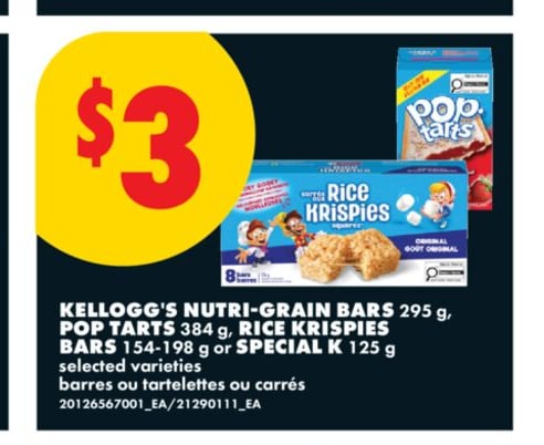 KELLOGG'S NUTRI-GRAIN BARS, 295 G, POP TARTS, 384 G, RICE KRISPIES BARS, 154-198 G OR SPECIAL K, 125 G
