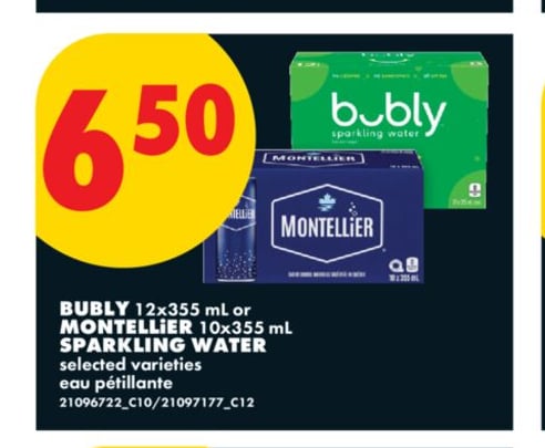 BUBLY, 12X355 ML OR MONTELLIER, 10X355 ML SPARKLING WATER