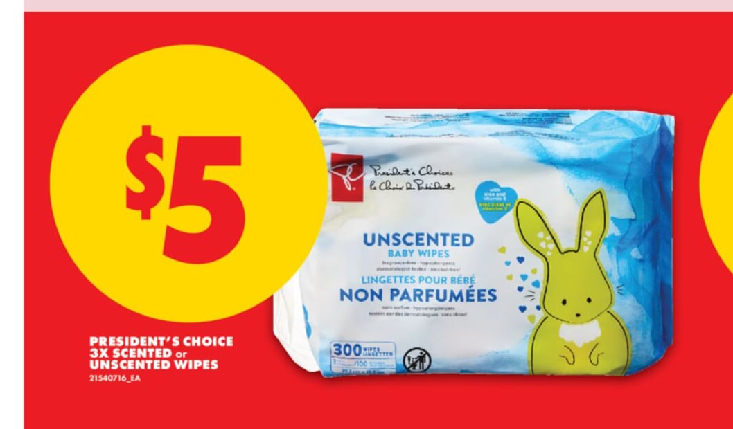PRESIDENT'S CHOICE 3X SCENTED OR UNSCENTED WIPES