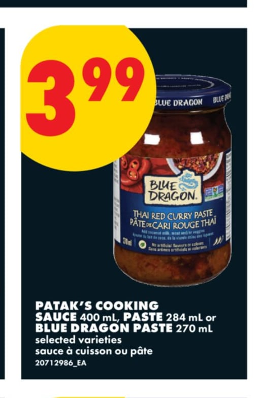 PATAK'S COOKING SAUCE 400 mL, PASTE 284 mL or BLUE DRAGON PASTE 270 mL