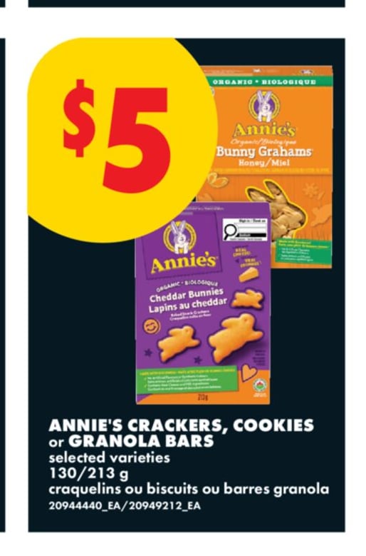 ANNIE'S CRACKERS, COOKIES OR GRANOLA BARS, 130/213 G