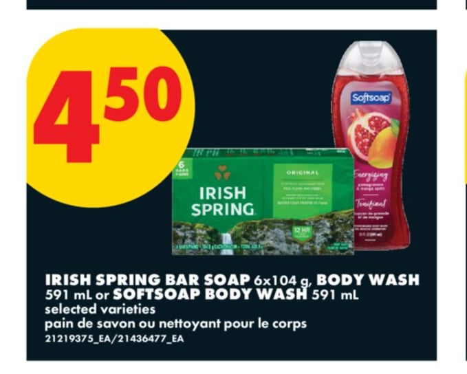 IRISH SPRING BAR SOAP 6x104 g, BODY WASH 591 mL or SOFTSOAP BODY WASH 591 mL