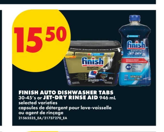 FINISH AUTO DISHWASHER TABS 30-45'S OR JET-DRY RINSE AID, 946 ML