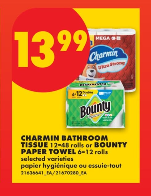 CHARMIN BATHROOM TISSUE, 12=48 ROLLS OR BOUNTY PAPER, TOWEL 6=12 ROLLS