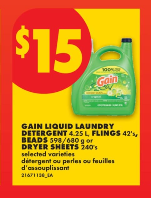 GAIN LIQUID LAUNDRY DETERGENT, 4.25 L, FLINGS, 42'S, BEADS, 598/680 G OR DRYER SHEETS, 240'S