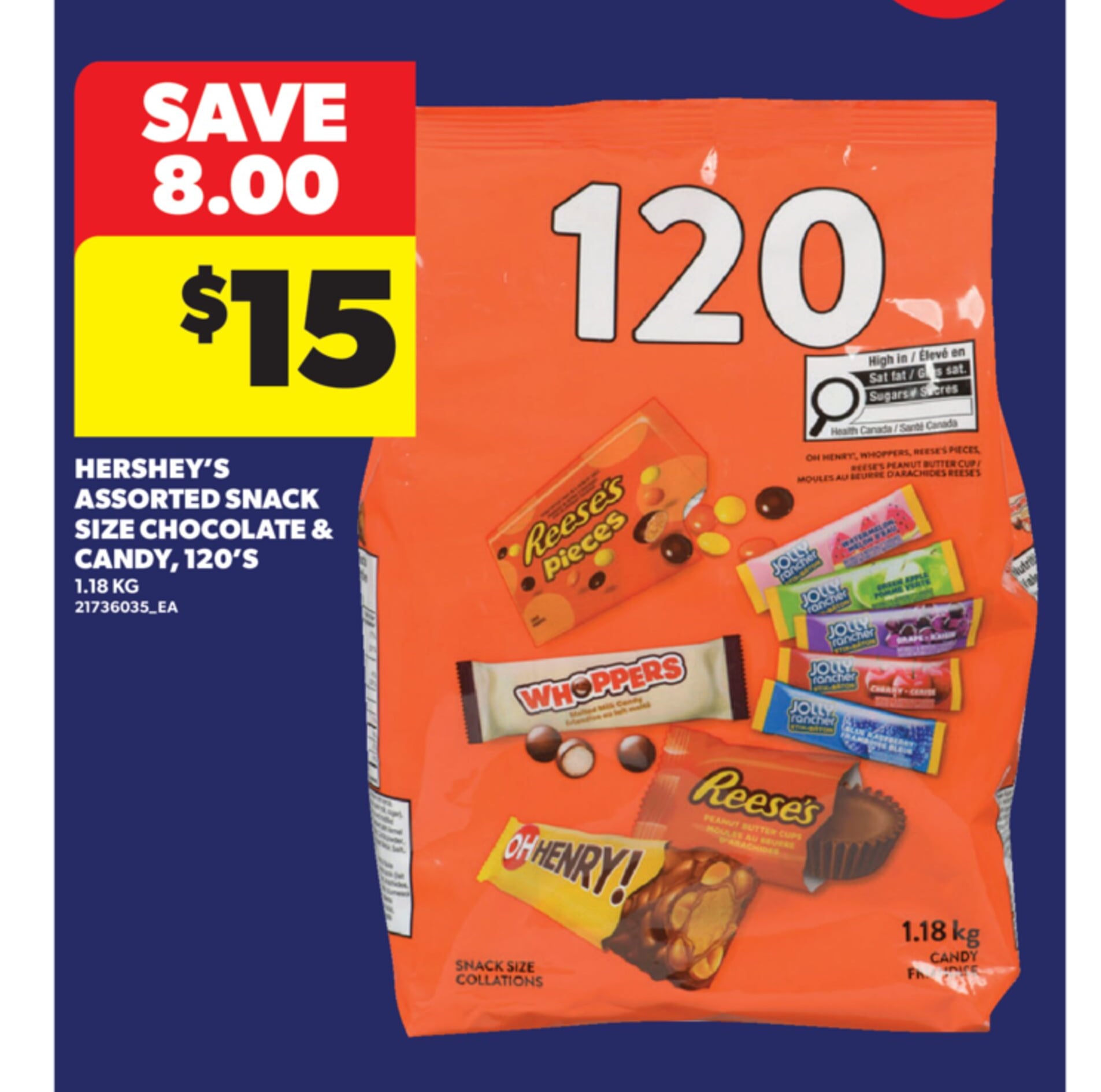 HERSHEY'S ASSORTED SNACK SIZE CHOCOLATE & CANDY, 120'S, 1.18 KG