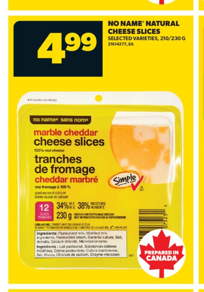 NO NAME® NATURAL CHEESE SLICES, 210/230 G