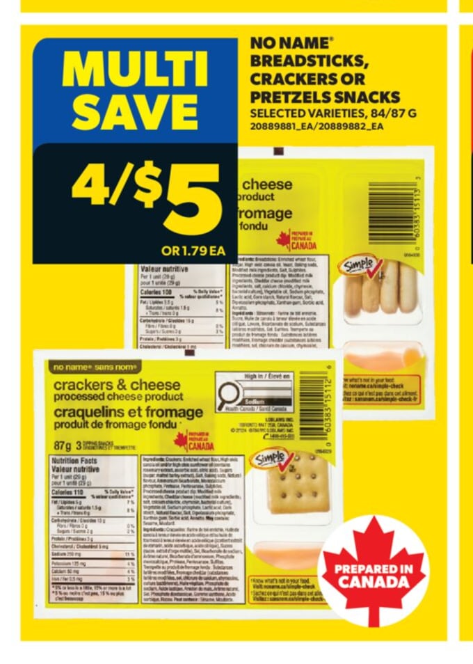 NO NAME® BREADSTICKS, CRACKERS OR PRETZELS SNACKS, 84/87 G