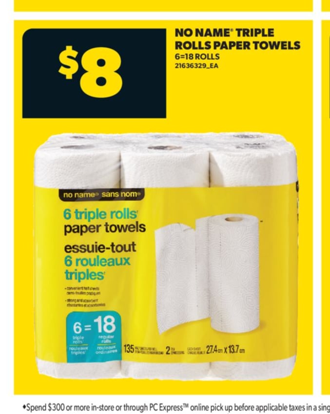 NO NAME® TRIPLE ROLLS PAPER TOWELS 6=18 ROLLS