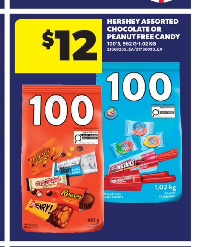 HERSHEY ASSORTED CHOCOLATE OR PEANUT FREE CANDY, 100'S, 962 G-1.02 KG