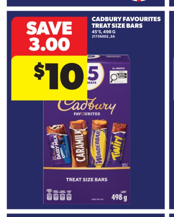 CADBURY FAVOURITES TREAT SIZE BARS, 45'S, 498 G