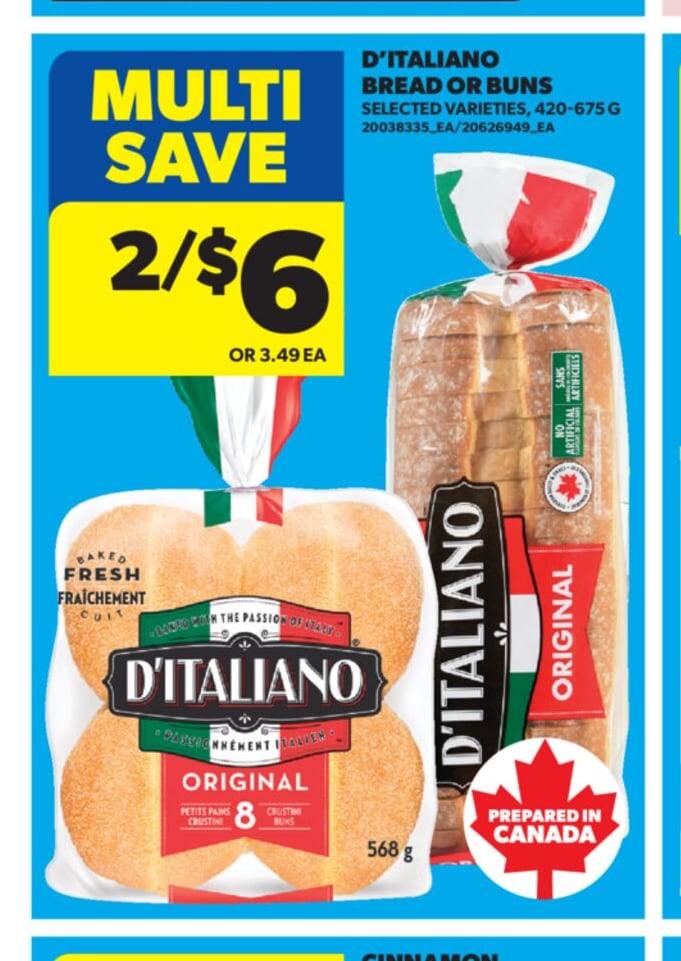 D'ITALIANO BREAD OR BUNS, 420-675 G