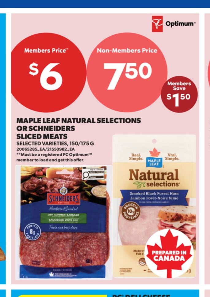MAPLE LEAF NATURAL SELECTIONS OR SCHNEIDERS SLICED MEATS, 150/175 G