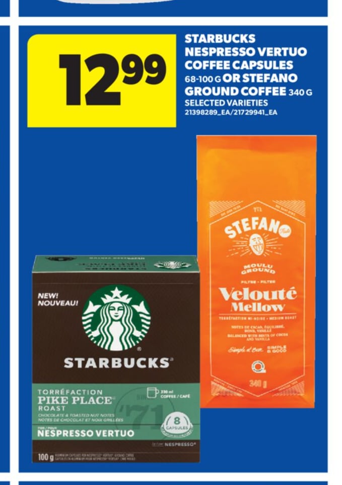 STARBUCKS NESPRESSO VERTUO COFFEE CAPSULES, 68-100'S OR STEFANO GROUND COFFEE, 340 G